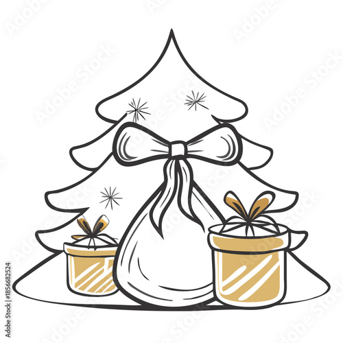 Christmas tree with presents and gift bag in festive style  