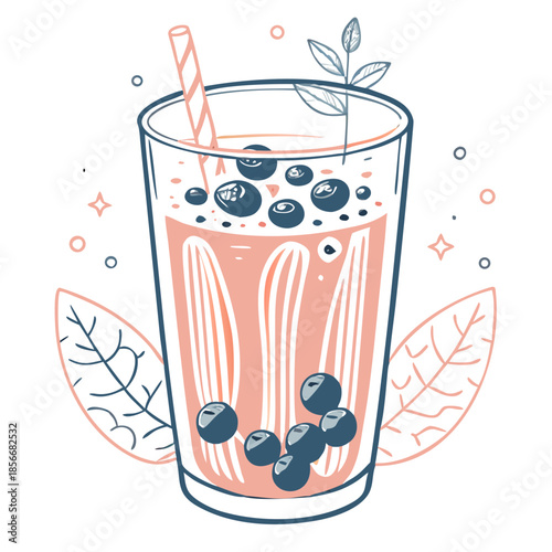 A refreshing glass of blueberry juice with a striped straw and fresh berries, illustrated on a clean background with copy space