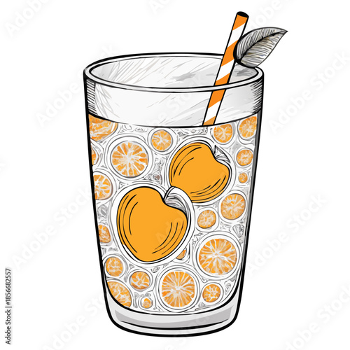 Fresh citrus drink with oranges and straw in illustrative style  