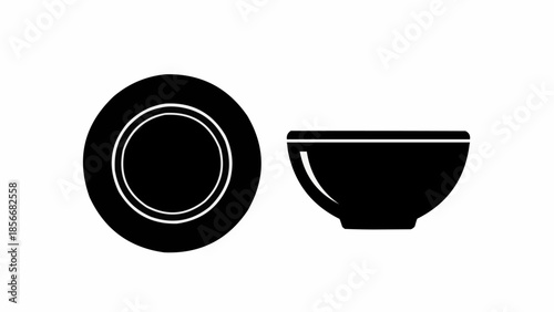 Black silhouette of a plate and a bowl on a white background.