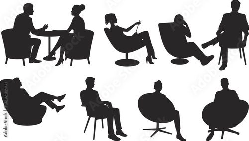 Silhouettes of people sitting in various modern chairs in a waiting room or lounge vector illustration