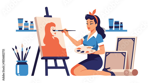 Pop art pin up girl painting on canvas in art studio, creative modern vector illustration with solid colors, ideal for art and hobby themes