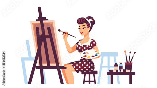 Pop art pin up girl painting on canvas in art studio, creative modern vector illustration with solid colors, ideal for art and hobby themes