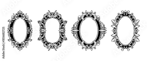 Ornate baroque flourish frame set with vintage oval border and decorative Victorian ornament. Elegant antique filigree design with intricate floral motifs for wedding invitations or mirror frames.
