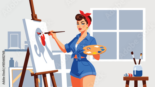 Pop art pin up girl painting on canvas in art studio, creative modern vector illustration with solid colors, ideal for art and hobby themes