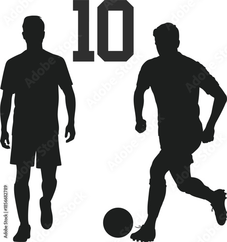 Silhouettes of two soccer players and the number 10 on a white background football