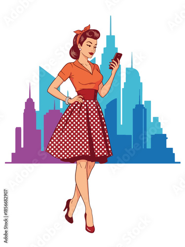 Pop art pin up girl checking smartphone while walking, modern vector illustration with solid colors, ideal for modern lifestyle and communication themes