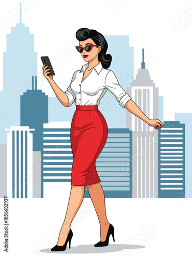 Pop art pin up girl checking smartphone while walking, modern vector illustration with solid colors, ideal for modern lifestyle and communication themes