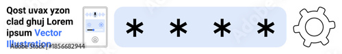 Cybersecurity, password protection, data encryption, user authentication, secure access, IT systems. Asterisks indicating a hidden password, smartphone gear icon. Cybersecurity and password