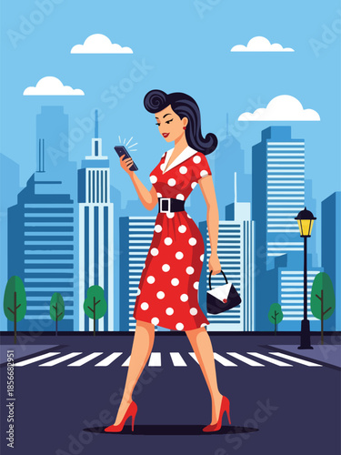 Pop art pin up girl checking smartphone while walking, modern vector illustration with solid colors, ideal for modern lifestyle and communication themes