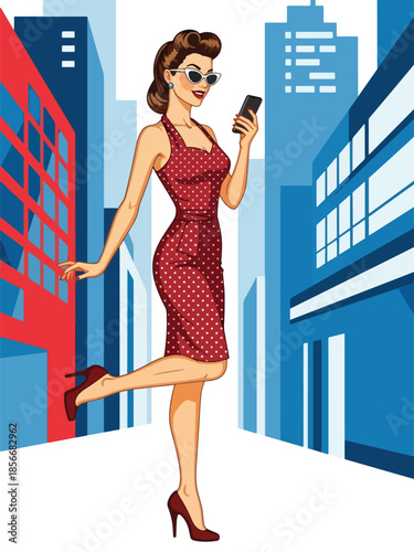 Pop art pin up girl checking smartphone while walking, modern vector illustration with solid colors, ideal for modern lifestyle and communication themes