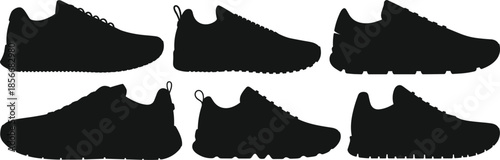 Six Black Silhouettes of Modern Athletic Running Shoes and Sneakers athletic shoes sports shoes