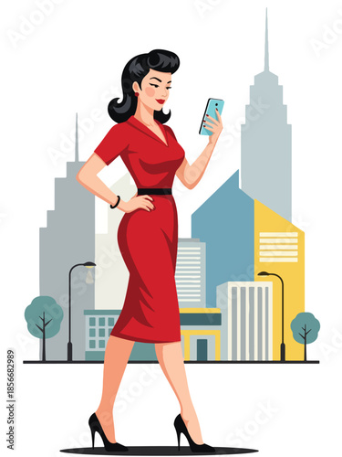 Pop art pin up girl checking smartphone while walking, modern vector illustration with solid colors, ideal for modern lifestyle and communication themes