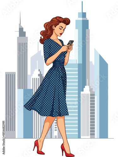 Pop art pin up girl checking smartphone while walking, modern vector illustration with solid colors, ideal for modern lifestyle and communication themes