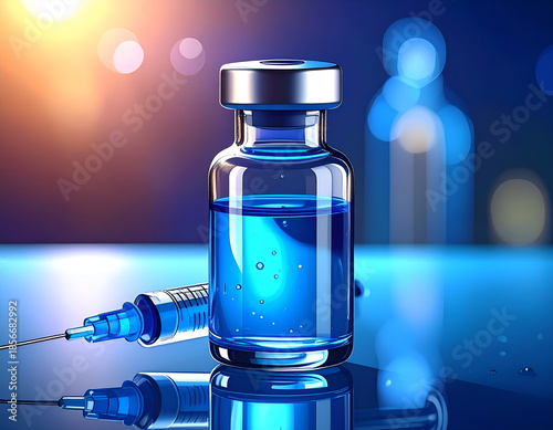 Medical glass vial with blue liquid and syringe on a reflective surface representing vaccination concept. Generative AI