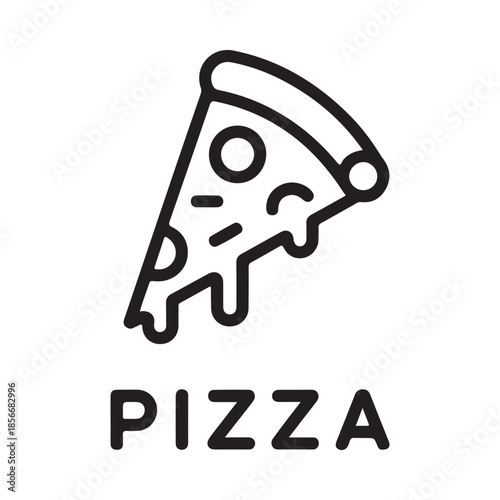 Simple line art illustration of a single slice of pizza with text