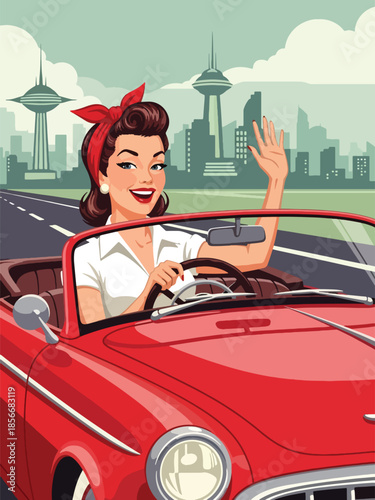 Pop art pin up girl driving vintage car, smiling modern vector illustration with solid colors, ideal for travel and retro lifestyle designs