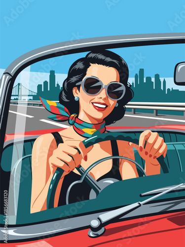 Pop art pin up girl driving vintage car, smiling modern vector illustration with solid colors, ideal for travel and retro lifestyle designs