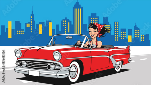 Pop art pin up girl driving vintage car, smiling modern vector illustration with solid colors, ideal for travel and retro lifestyle designs