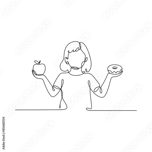 A continuous line drawing of a woman choosing between an apple and a donut