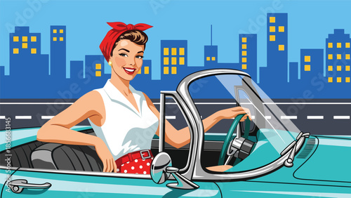 Pop art pin up girl driving vintage car, smiling modern vector illustration with solid colors, ideal for travel and retro lifestyle designs