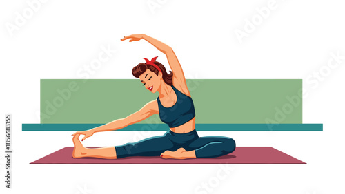 Pop art pin up girl practicing yoga stretch indoors, modern vector illustration with solid colors, ideal for wellness and lifestyle visuals