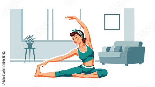 Pop art pin up girl practicing yoga stretch indoors, modern vector illustration with solid colors, ideal for wellness and lifestyle visuals