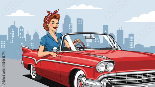 Pop art pin up girl driving vintage car, smiling modern vector illustration with solid colors, ideal for travel and retro lifestyle designs