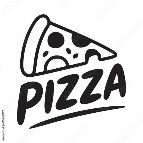 Black and white illustration of a pizza slice with bold lettering