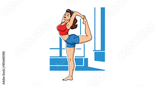 Pop art pin up girl practicing yoga stretch indoors, modern vector illustration with solid colors, ideal for wellness and lifestyle visuals
