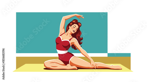 Pop art pin up girl practicing yoga stretch indoors, modern vector illustration with solid colors, ideal for wellness and lifestyle visuals