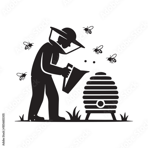 A beekeeper tending to a beehive with flying bees in a graphic style