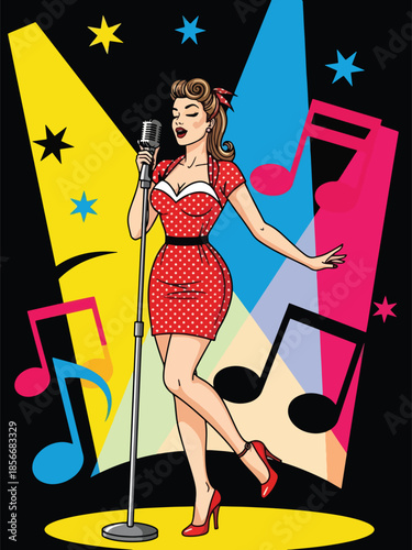 Pop art pin up girl singing with microphone on stage, energetic modern vector illustration with solid colors, ideal for music and entertainment themes