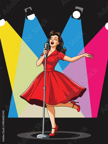Pop art pin up girl singing with microphone on stage, energetic modern vector illustration with solid colors, ideal for music and entertainment themes