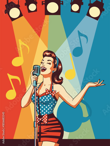 Pop art pin up girl singing with microphone on stage, energetic modern vector illustration with solid colors, ideal for music and entertainment themes
