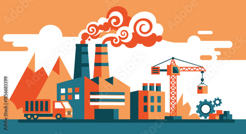 Industrial factory complex illustration heavy manufacturing logistics pollution and global production concept