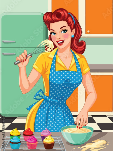 Pop art pin up girl baking cupcakes in retro kitchen, cheerful modern vector illustration with solid colors, ideal for food and lifestyle designs