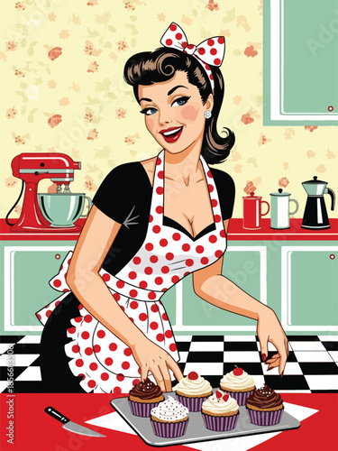 Pop art pin up girl baking cupcakes in retro kitchen, cheerful modern vector illustration with solid colors, ideal for food and lifestyle designs