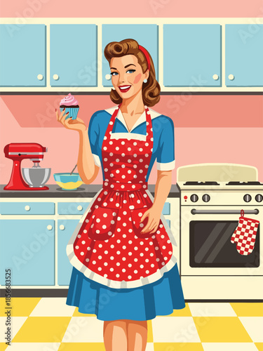 Pop art pin up girl baking cupcakes in retro kitchen, cheerful modern vector illustration with solid colors, ideal for food and lifestyle designs
