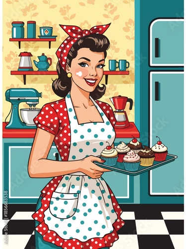 Pop art pin up girl baking cupcakes in retro kitchen, cheerful modern vector illustration with solid colors, ideal for food and lifestyle designs