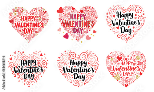 A set of vector graphic design illustrations featuring a vibrant red pink color palette displaying the romantic "happy valentine's day" within decorative heart shapes isolated on white - Calligraphic