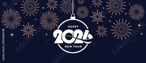 Festive Happy New Year 2026 background with golden fireworks and elegant white 2026 typography on a dark blue night sky, ideal for greeting cards, banners, invitations and holiday marketing designs.
