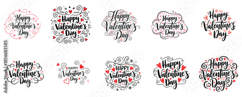 A set of elegant "happy valentine's day" vector illustrations displaying romantic handlettering calligraphic decorated with red hearts and swirls in a cheerful black and red palette, isolated on white