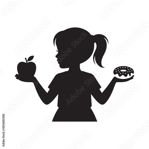 A silhouette of a girl choosing between a healthy apple and a sweet donut