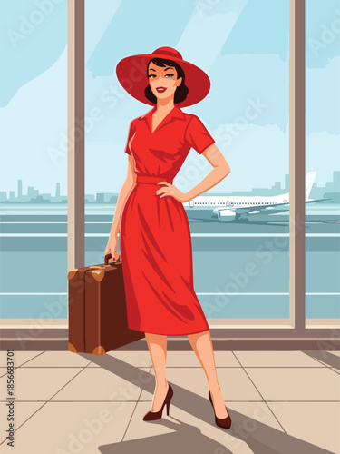 Pop art pin up girl carrying suitcase at airport, modern vector illustration with solid colors, ideal for travel and adventure lifestyle visuals