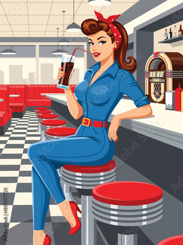 Pop art pin up girl sitting on bar stool sipping soda, casual modern vector illustration with solid colors, ideal for retro diner lifestyle themes