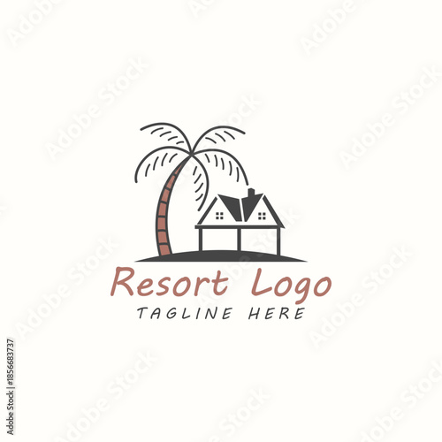 Minimalist Beach Resort Logo with Palm Tree and House
