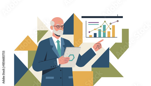 Senior businessman presents financial growth chart demonstrating data analysis and corporate strategy planning