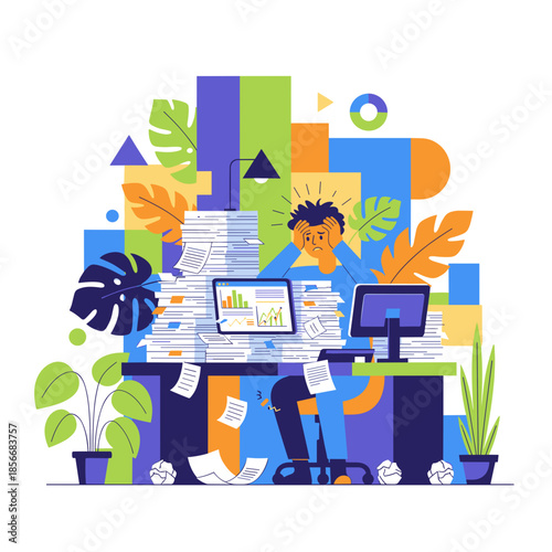 Overworked employee suffering from stress and burnout buried under stacks of urgent paperwork