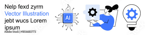 Artificial intelligence, automation, innovation, software development, tech solutions, machine learning. Central AI chip, person holding a gear symbol lightbulb. Artificial intelligence